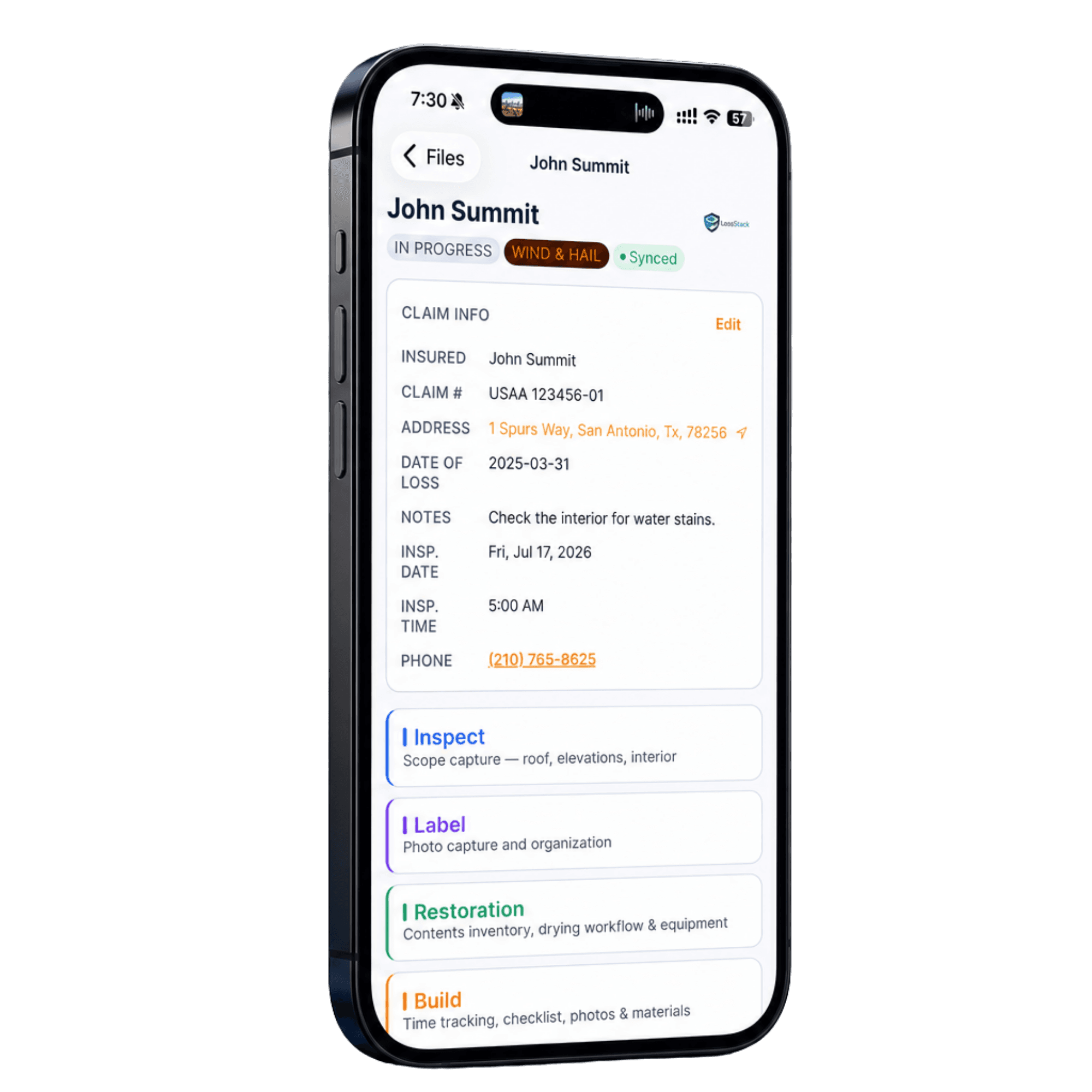 LossStack Field app on iPhone