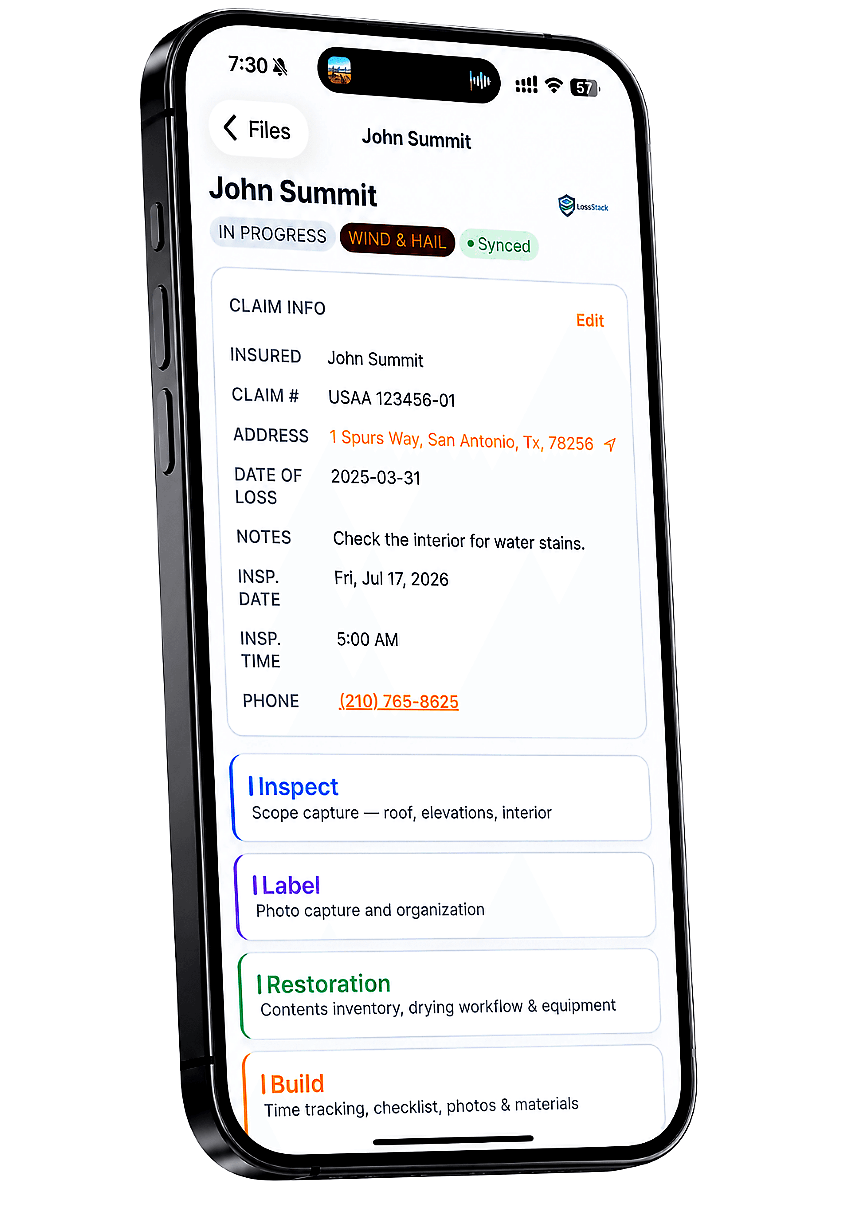 LossStack Field app on iPhone